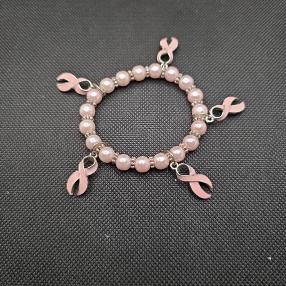 Pink Awareness Ribbon Charm Faux Pearl Bracelet